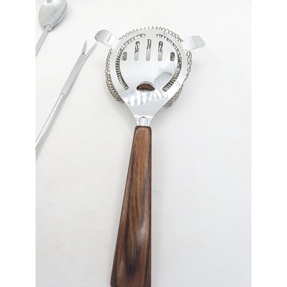 MCM 3 Barware strainer, Stirrer & fork pick faux wood handle bakelite? metal - Picture 11 of 15